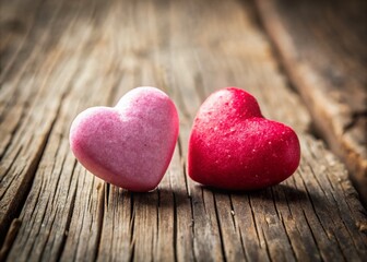 Obraz premium Tilt-Shift Photo: Two Candy Hearts on Rustic Wood