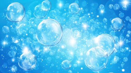 A bright and lively blue background with transparent water bubbles floating effortlessly, creating a pure and serene visual concept
