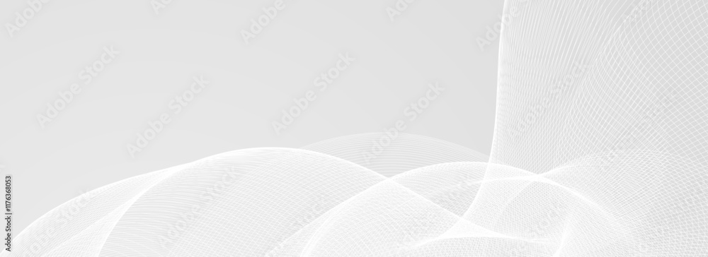 Poster Abstract grey wavy line background. Silver flowing wave pattern. Technology curved undulated stripe wallpaper. Gray tech backdrop concept for poster, banner, cover, flyer, booklet. Vector illustration