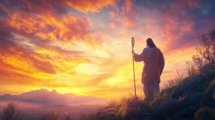 A calming scene of Jesus Christ with a staff, surrounded by the vibrant colors of a serene sunset sky filled with warmth and grace