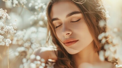 Fototapeta premium Serene Portrait of a Young Woman Surrounded by Delicate White Flowers in a Soft, Dreamy Atmosphere Capturing Natural Beauty and Tranquility