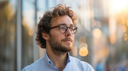 Fototapeta premium Thoughtful young man with curly hair and glasses gazes into the distance, enjoying a peaceful moment outdoors in a vibrant urban setting at sunset.