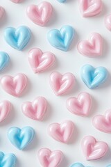 Obraz premium A pattern of pastel-colored, heart-shaped candies on a white background, with soft shadows. The candies are arranged in an artistic layout that suggests love or romance for Valentine's Day