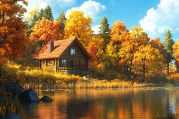 Log cabin by autumn lake, colorful foliage.