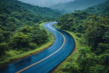 Fototapeta premium A winding road through lush green hills under a cloudy sky, showcasing the beauty of nature.