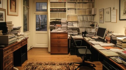 A cluttered office space filled with documents, bookshelves, and workstations.