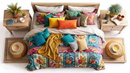 Top-Down Bed View: Cozy Bedroom Floor Plan, Neat Pillows & Blankets, PNG Background