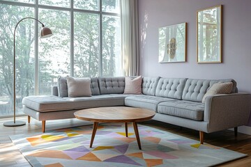 Minimalist, mid century modern interior design in the living room with windows visible and light purple finish walls and sofa and table. Generative AI
