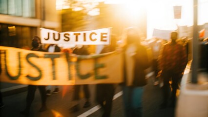 A hazy image of people marching with banners advocating for justice.