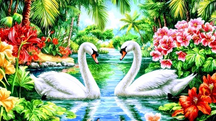 Obraz premium Serene Landscape with Elegant Swans Surrounded by Vibrant Flora