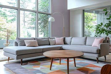 Fototapeta premium Minimalist, mid century modern interior design in the living room with windows visible and light purple finish walls and sofa and table. Generative AI 