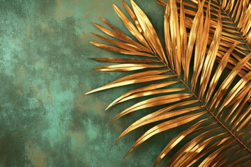 Fototapeta premium Gold palm leaves on teal background.