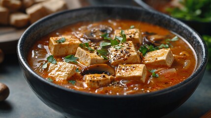 Steaming tofu and mushroom soup in a bowl.