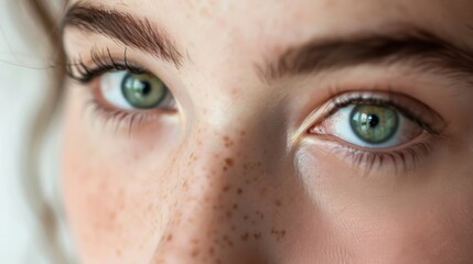 Fototapeta premium Close-Up of Beautiful Young Woman with Freckles and Stunning Green Eyes Captured in Soft Natural Light Against a Bright Background