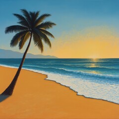 Obraz premium Sunset Beach Landscape with Palm Tree and Gentle Ocean Waves