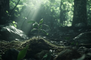Fototapeta premium Sunlit sapling emerging from dark forest floor.