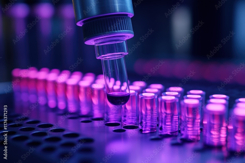 Poster Close-up of Automated Liquid Handling System Dispensing Purple Reagent into Microplates in a Laboratory Setting