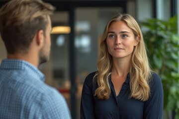 Fototapeta premium Young woman listens attentively to a man. Perfect for depicting business meetings, interviews, or conversations.