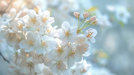 Fototapeta premium Delicate White Cherry Blossom Flowers in Soft Light, Symbolizing Spring Renewal, Serenity, and the Beauty of Nature with Blurred Background Effects