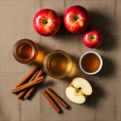  a flat lay of ingredients for making homemade apple cider vinegar: apples, honey, cinnamon sticks
