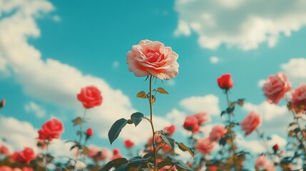 Obraz premium Field of Pink and Red Roses Under Blue Sky, Focus on Single Blooming Flower in Foreground