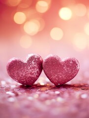 Fototapeta premium Valentines day festive background with two hearts In Shiny Background Valentine's Day glitter background