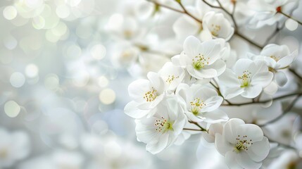 Fototapeta premium Delicate White Flowers in Soft Focus with Beautiful Bokeh Background Creating a Dreamy and Serene Spring Atmosphere for Nature Lovers and Garden Enthusiasts