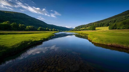 Serene River Landscape in Countryside with Crystal Clear Water and Lush Green Fields