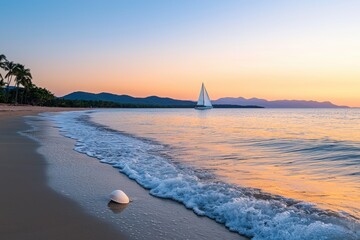 Obraz premium Serene Beach Scene at Sunset with Sailboat and Shell on Sand
