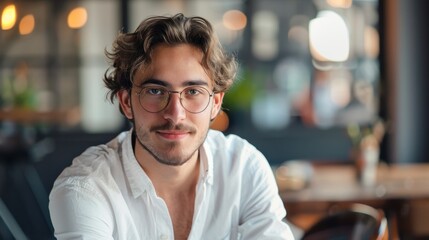 Fototapeta premium Young man with glasses sitting in a modern café, looking confidently at the camera, wearing a casual white shirt, with blurred background of a trendy workspace