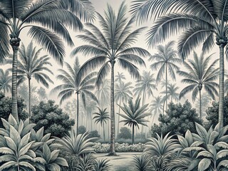 Tranquil Palm Tree Grove: Lush Tropical Line Art Illustration