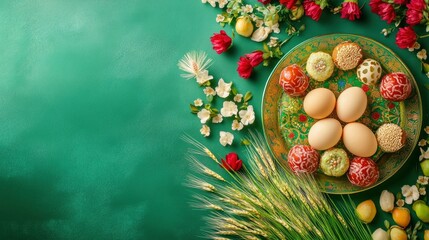 Plate with sweets, eggs and wheat grass on green background. Novruz Bayram celebration 