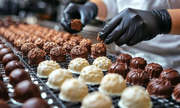 Chocolatier preparing assorted chocolate truffles on a workstation.