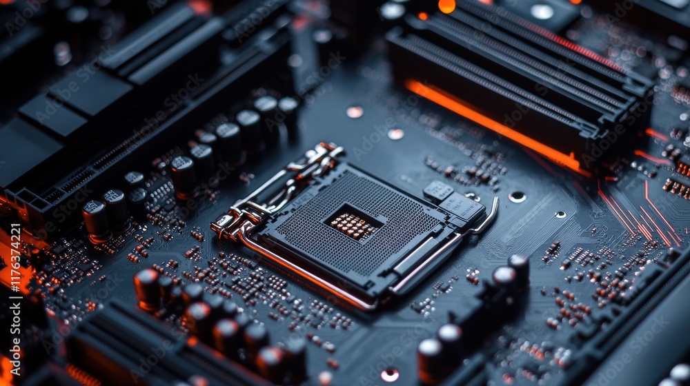 Poster advanced technology microprocessor circuit board tech lab close-up high-tech environment detailed vi