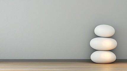 Stacked white stones on a wooden floor against a textured gray wall create a serene atmosphere. design delicate intimacy