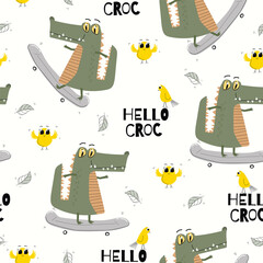 Childish seamless pattern with cute crocodile and little bird. Suitable for wall art, poster, t-shirt and others