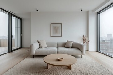 Minimalist, modern Scandinavian interior design in the living room with windows visible and sofa and wood table. Generative AI
