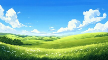 Obraz premium A lush panorama of rolling green hills and meadows under a radiant blue sky, accented by white clouds, perfect for a wide landscape banner