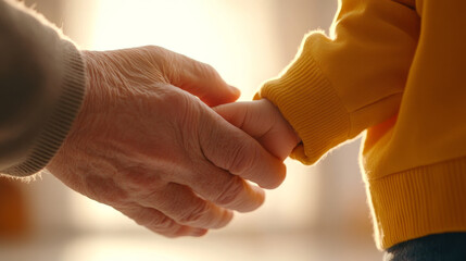 Intimate portrait of grandfather arthritic hand holding child hand, symbolizing love and connection across generations