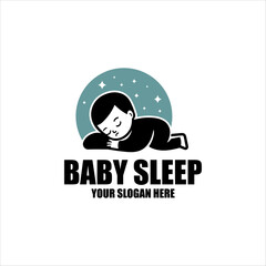 Modern cute baby sleeping on the moon logo. Vector illustration.