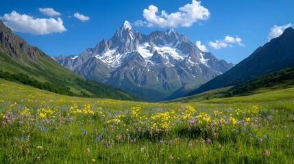 Fototapeta premium Majestic Mountain Range Surrounded by Colorful Wildflowers in Vibrant Countryside Landscape