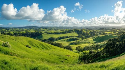 A lush panorama of rolling green hills and meadows under a radiant blue sky, accented by white clouds, perfect for a wide landscape banner