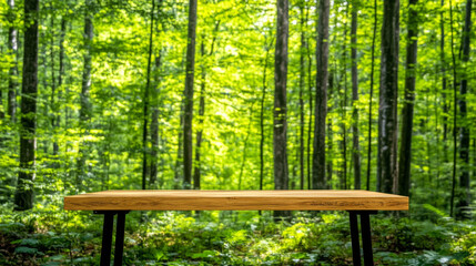 Minimalist wooden desk in serene forest clearing surrounded by lush greenery, creating peaceful and inspiring workspace