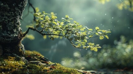 Tranquil Green Scene of a Delicate Tree with Vibrant Leaves Growing on a Mossy Forest Floor Under Gentle Sunlight with Soft Background Bokeh Effects