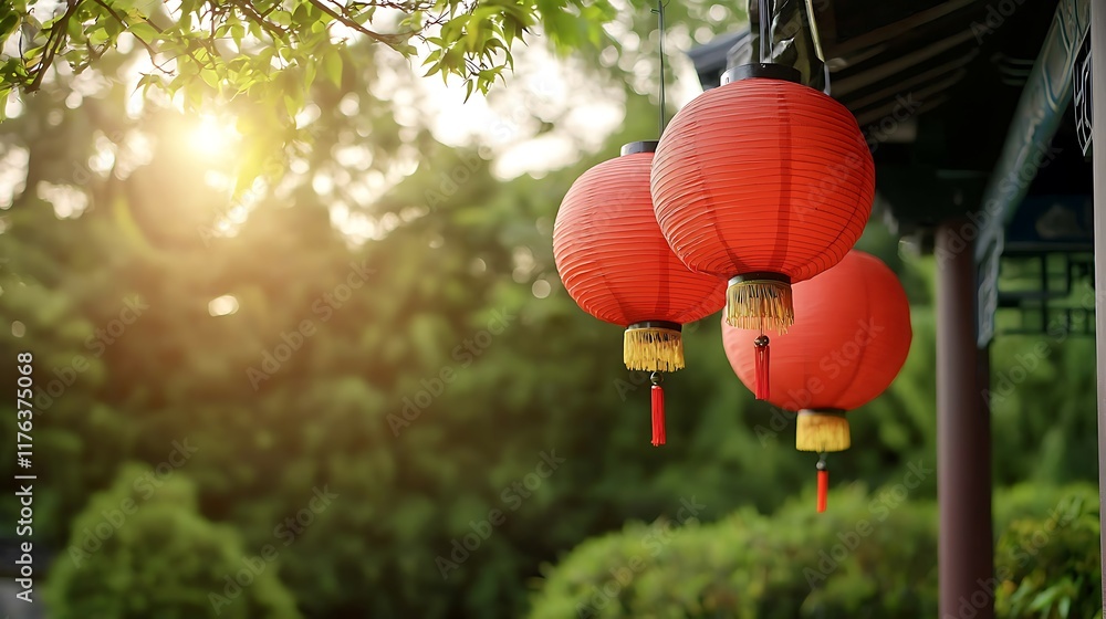 Aufkleber a cluster of vibrant red paper lanterns swaying gently in the evening breeze under a traditional chi