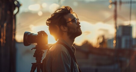 Young Photographer Silhouetted Against a Stunning Sunset, Capturing the Beauty of Nature with His Camera During a Golden Hour Photo Session Outdoors