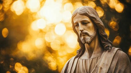 A majestic statue of Jesus Christ, softly lit by a warm golden bokeh backdrop, conveying serenity and spirituality for designs