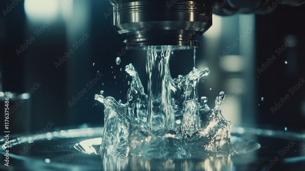 Poster splashing water from metallic nozzle in industrial setting, capturing dynamic fluid motion, reflecti