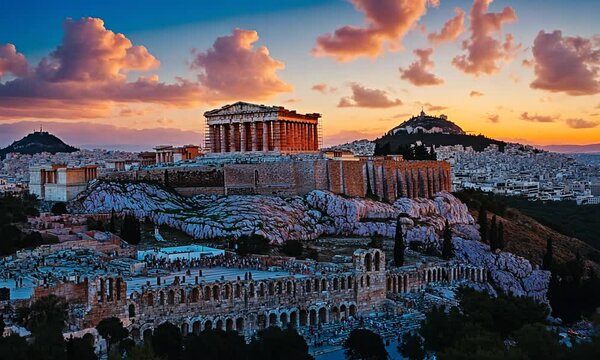 Stunning sunset view of the Acropolis in Athens, Greece.