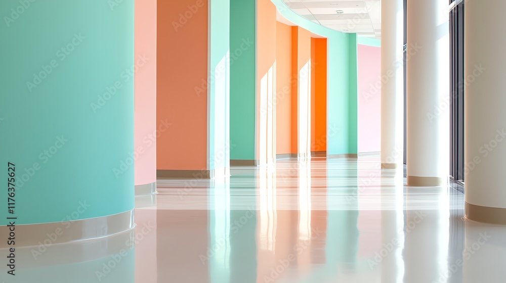 Poster a vibrant corridor with colorful walls and reflective floors, creating a bright and inviting atmosph